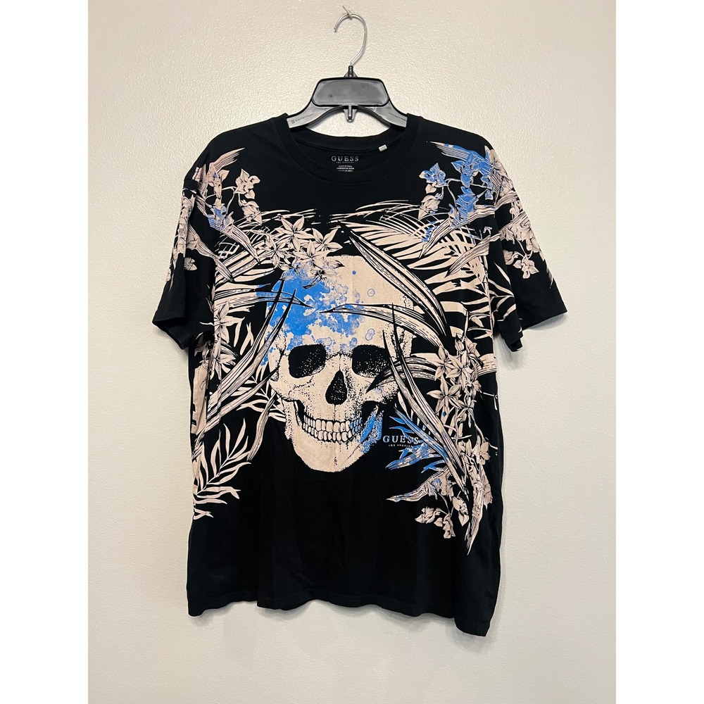 Guess Los Angeles Mens XL Black Skull Tropical Floral Graphic T-Shirt Streetwear